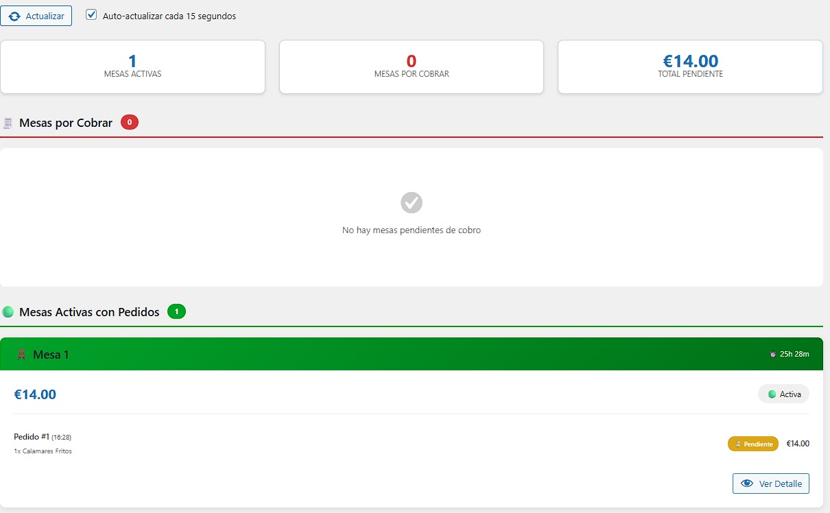Lista de mesas pendientes de cobro con totales